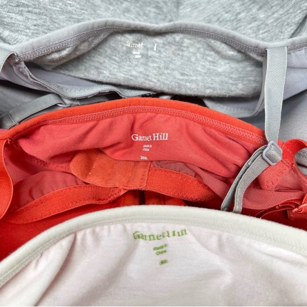 Garnet Hill Trio Comfort Camisole Bras in Gray, Coral, and Ivory